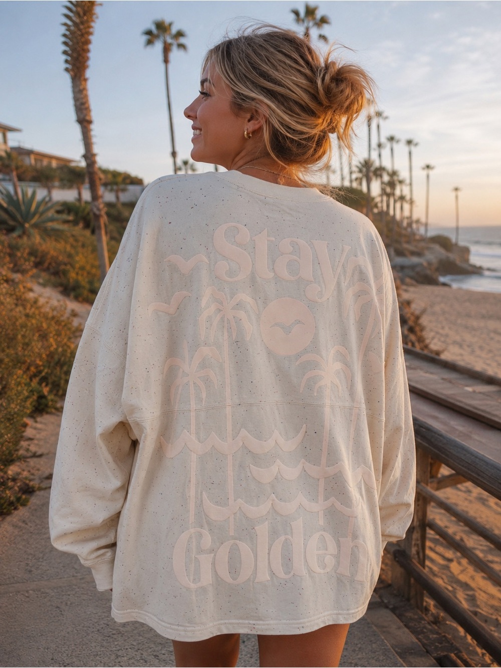 Spirit Jersey Stay Golden Oversized Speckled Long Sleeve Pullover Medium